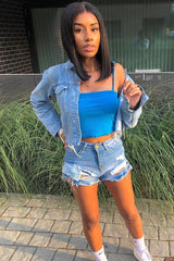 Blue Ribbed Frill Edge Crop Top - Zura-Crop Tops