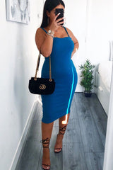 Blue Ribbed Frill Edge Midi Dress - Aalani-Dresses