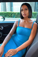 Blue Ribbed Frill Edge Midi Dress - Aalani-Dresses