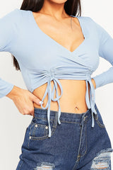 Blue Ribbed Plunge Neckline Crop Top - Kaile-Crop Tops