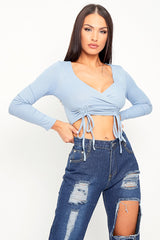 Blue Ribbed Plunge Neckline Crop Top - Kaile-Crop Tops
