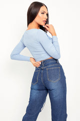 Blue Ribbed Plunge Neckline Crop Top - Kaile-Crop Tops