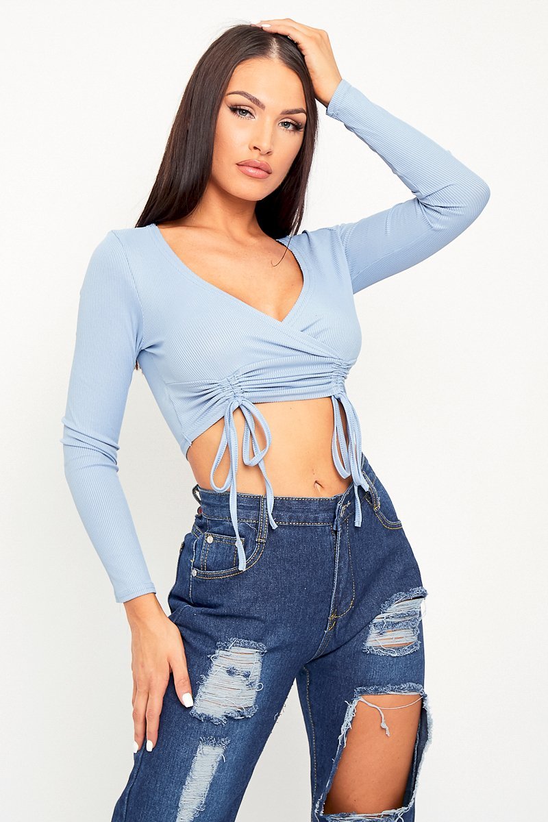 Blue Ribbed Plunge Neckline Crop Top - Kaile-Crop Tops