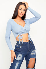 Blue Ribbed Plunge Neckline Crop Top - Kaile-Crop Tops