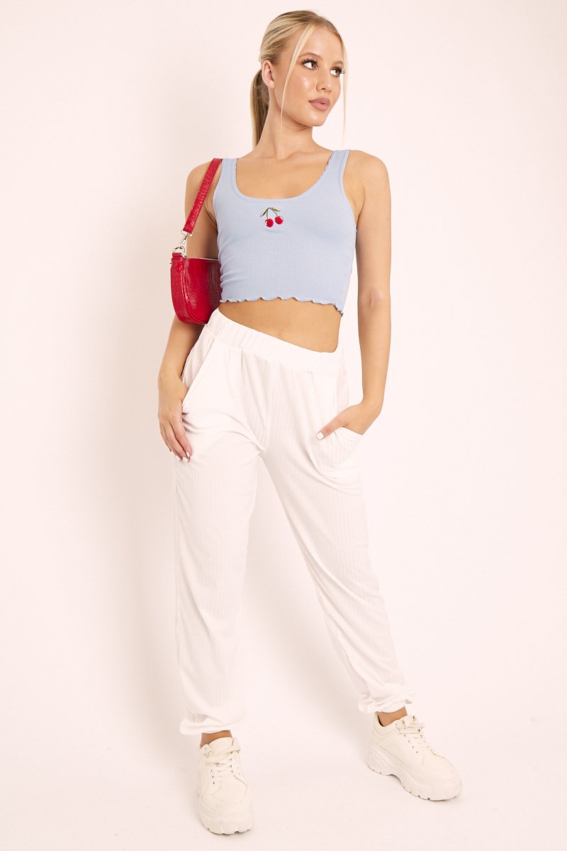 Blue Ribbed Vest Crop Top with Cherry Detail - Cadie-Tops