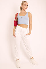 Blue Ribbed Vest Crop Top with Cherry Detail - Cadie-Tops