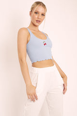 Blue Ribbed Vest Crop Top with Cherry Detail - Cadie-Tops