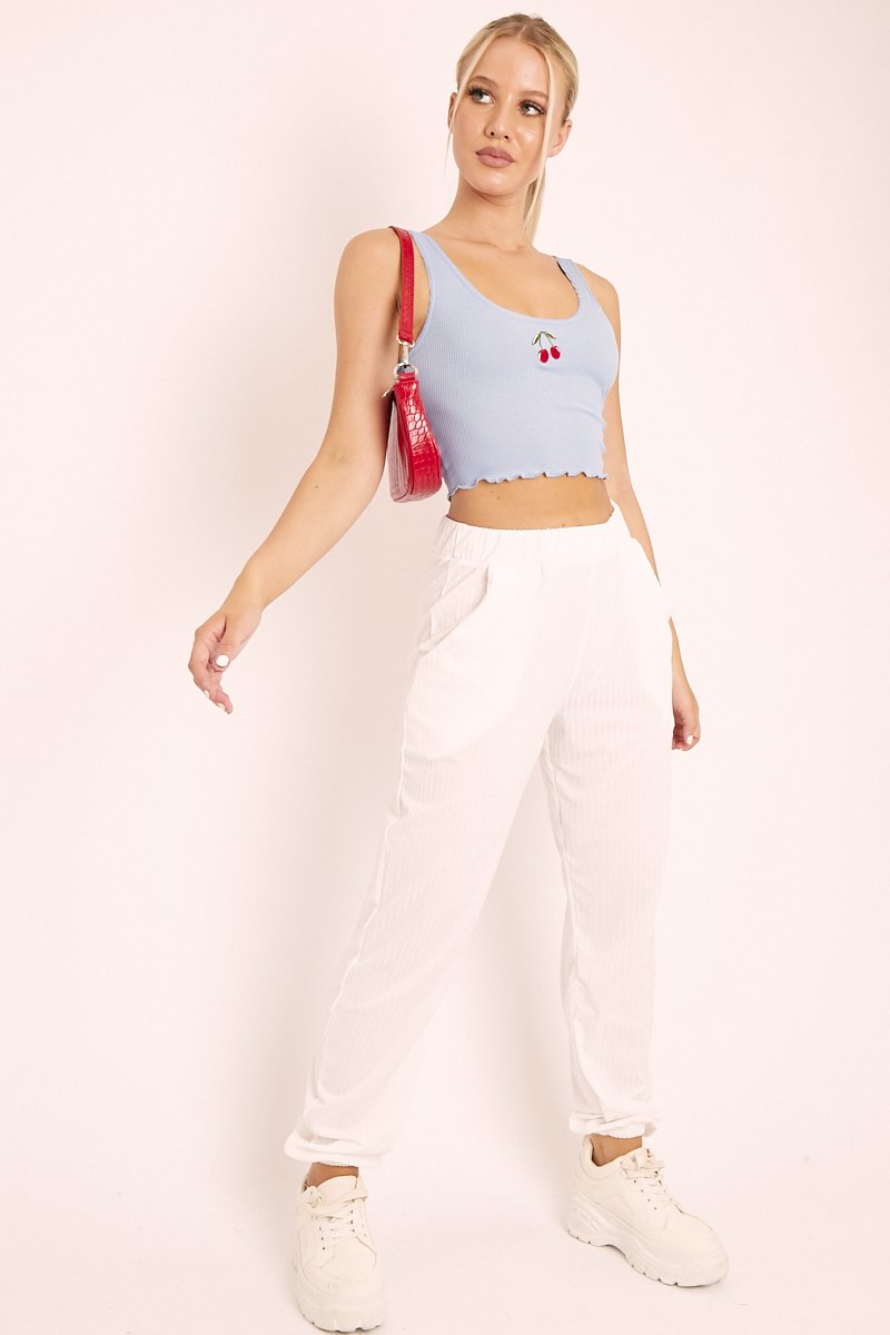 Blue Ribbed Vest Crop Top with Cherry Detail - Cadie-Tops