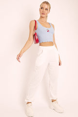 Blue Ribbed Vest Crop Top with Cherry Detail - Cadie-Tops