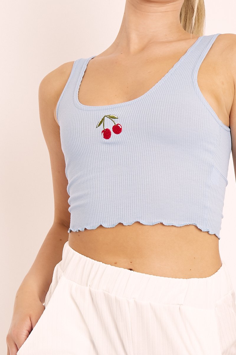 Blue Ribbed Vest Crop Top with Cherry Detail - Cadie-Tops