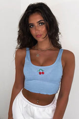 Blue Ribbed Vest Crop Top with Cherry Detail - Cadie-Tops