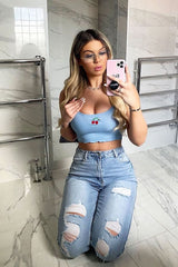 Blue Ribbed Vest Crop Top with Cherry Detail - Cadie-Tops
