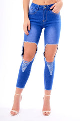 Blue Ripped Knee Skinny Denim Jeans - Bryony-Jeans