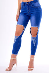 Blue Ripped Knee Skinny Denim Jeans - Bryony-Jeans