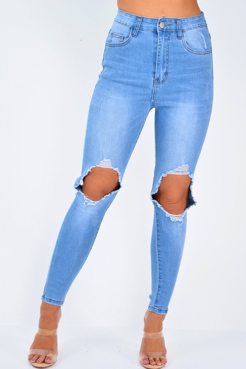 Blue Ripped Knee Skinny Jeans - Chanelle-Jeans