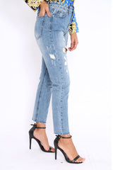 Blue Ripped Mid Wash Mom Jeans - Rabia-Jeans