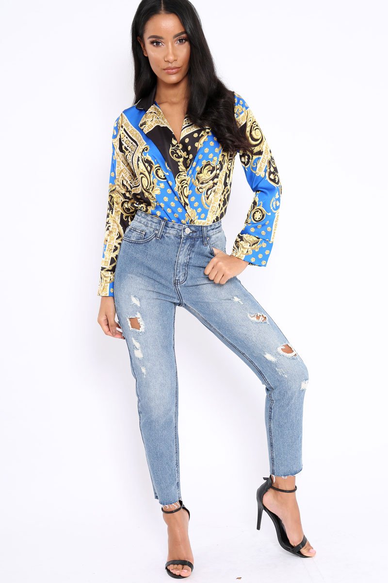 Blue Ripped Mid Wash Mom Jeans - Rabia-Jeans