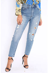Blue Ripped Mid Wash Mom Jeans - Rabia-Jeans