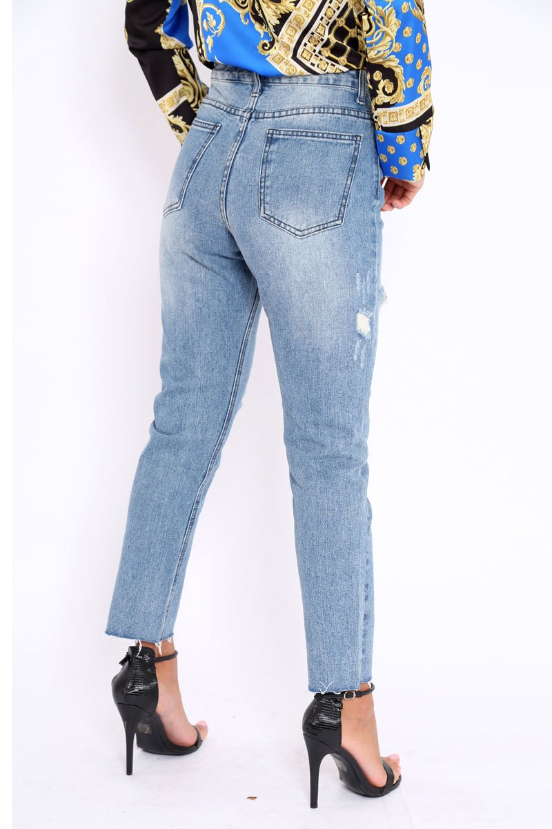Blue Ripped Mid Wash Mom Jeans - Rabia-Jeans