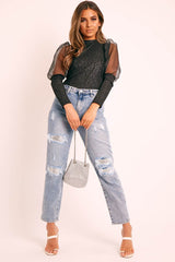 Blue Ripped Silver Diamante Embellished Boyfriend Jeans - Naina-Jeans