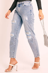 Blue Ripped Silver Diamante Embellished Boyfriend Jeans - Naina-Jeans