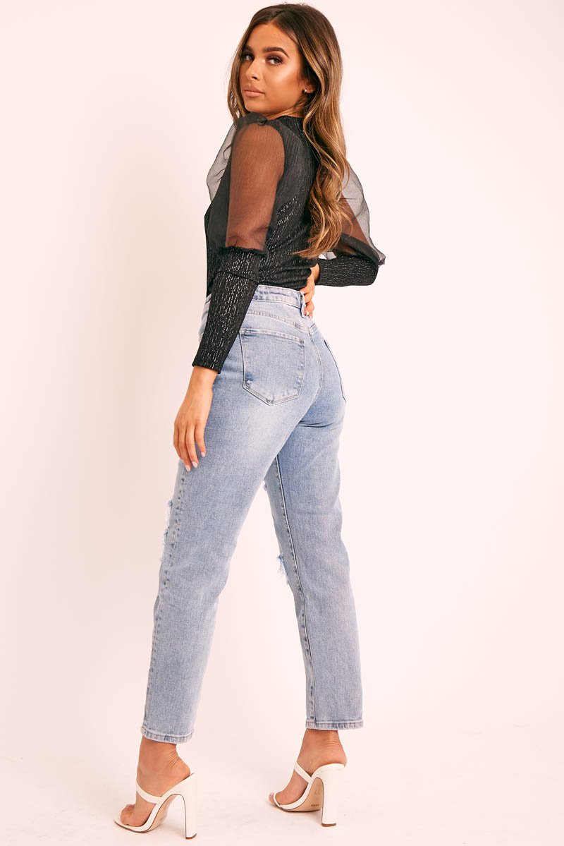 Blue Ripped Silver Diamante Embellished Boyfriend Jeans - Naina-Jeans