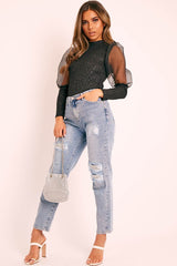 Blue Ripped Silver Diamante Embellished Boyfriend Jeans - Naina-Jeans