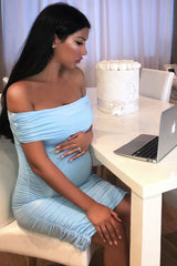 Blue Ruched Body Con Bardot Dress - Saesha-Dresses