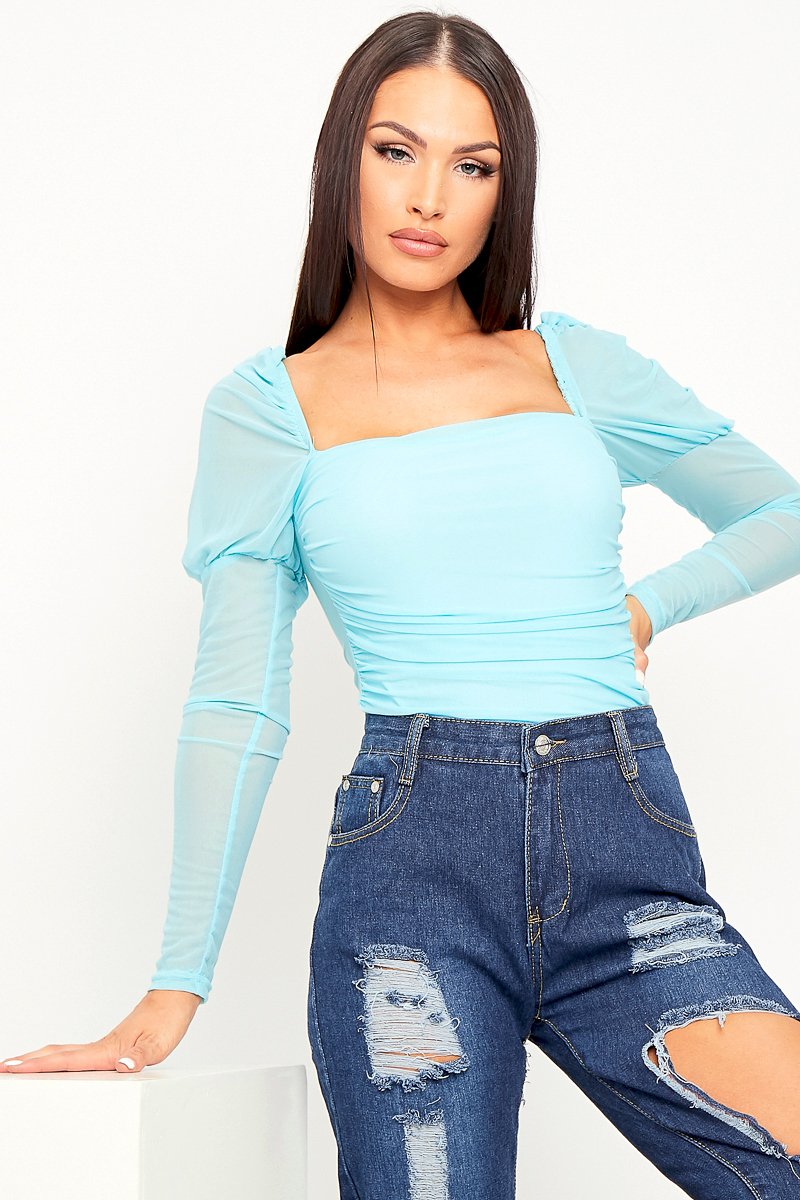 Blue Ruched Body Mesh Sleeve Bodysuit - Raeya-Bodysuits