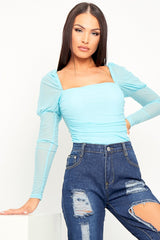 Blue Ruched Body Mesh Sleeve Bodysuit - Raeya-Bodysuits