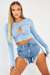 Blue Ruched Centre Front Fastening Crop Top - Cambrea-Crop Tops