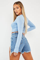Blue Ruched Centre Front Fastening Crop Top - Cambrea-Crop Tops