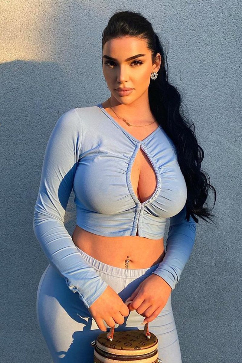 Blue Ruched Centre Front Fastening Crop Top - Cambrea-Crop Tops