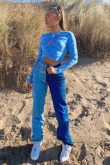 Blue Ruched Centre Front Fastening Crop Top - Cambrea-Crop Tops