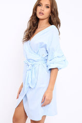 Blue Ruched Sleeve Wrap Around Dress - Marly-Dresses