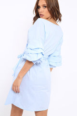 Blue Ruched Sleeve Wrap Around Dress - Marly-Dresses