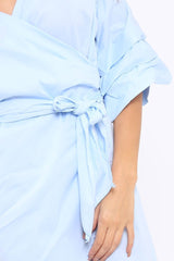 Blue Ruched Sleeve Wrap Around Dress - Marly-Dresses