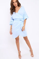 Blue Ruched Sleeve Wrap Around Dress - Marly-Dresses