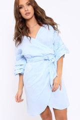Blue Ruched Sleeve Wrap Around Dress - Marly-Dresses