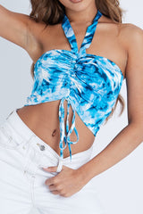 Blue Ruched Tie Dye Tie Neck Crop Top - Joyce-Crop Tops
