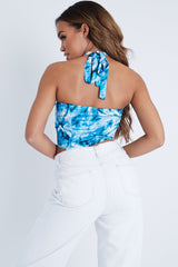 Blue Ruched Tie Dye Tie Neck Crop Top - Joyce-Crop Tops