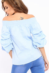Blue Ruffle Sleeve Bardot Top - Crissy-Tops