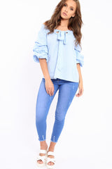 Blue Ruffle Sleeve Bardot Top - Crissy-Tops