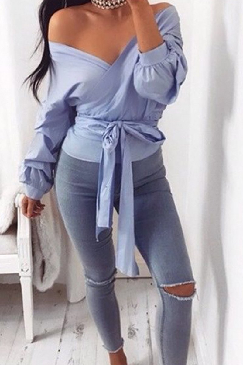 Blue Ruffle Sleeve Wrapover Top - Susie-Tops