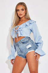 Blue Ruffle Tie Fastening Top - Brionna-Tops