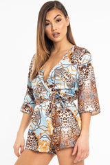 Blue Satin Mix Print Plunge Belted Playsuit - Violet-Playsuits