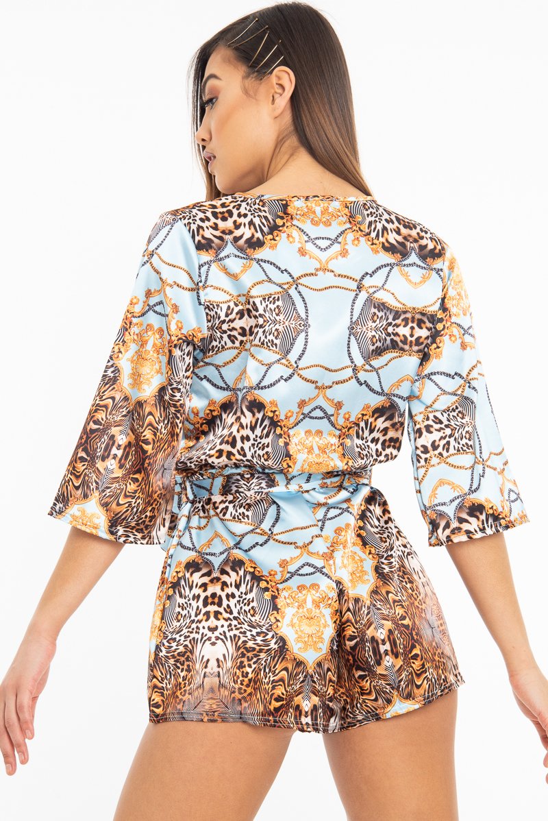 Blue Satin Mix Print Plunge Belted Playsuit - Violet-Playsuits