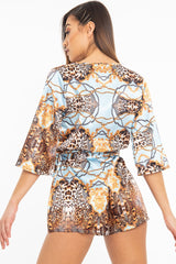 Blue Satin Mix Print Plunge Belted Playsuit - Violet-Playsuits