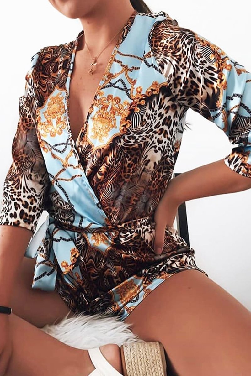 Blue Satin Mix Print Plunge Belted Playsuit - Violet-Playsuits