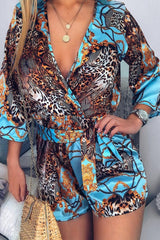 Blue Satin Mix Print Plunge Belted Playsuit - Violet-Playsuits